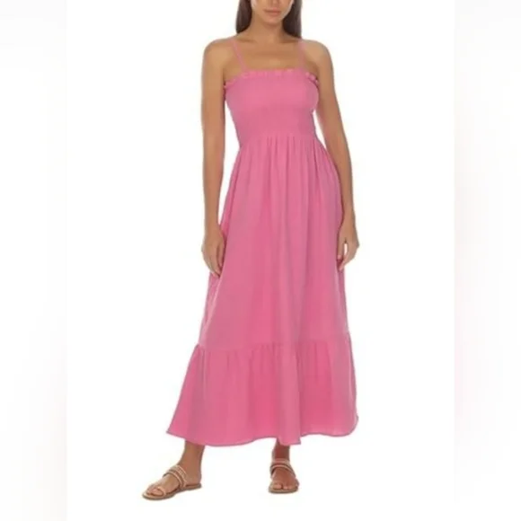 Raviya Smocked Cotton Sleeveless Cover up Maxi Elegant Pink Dress - Picture 1 of 3